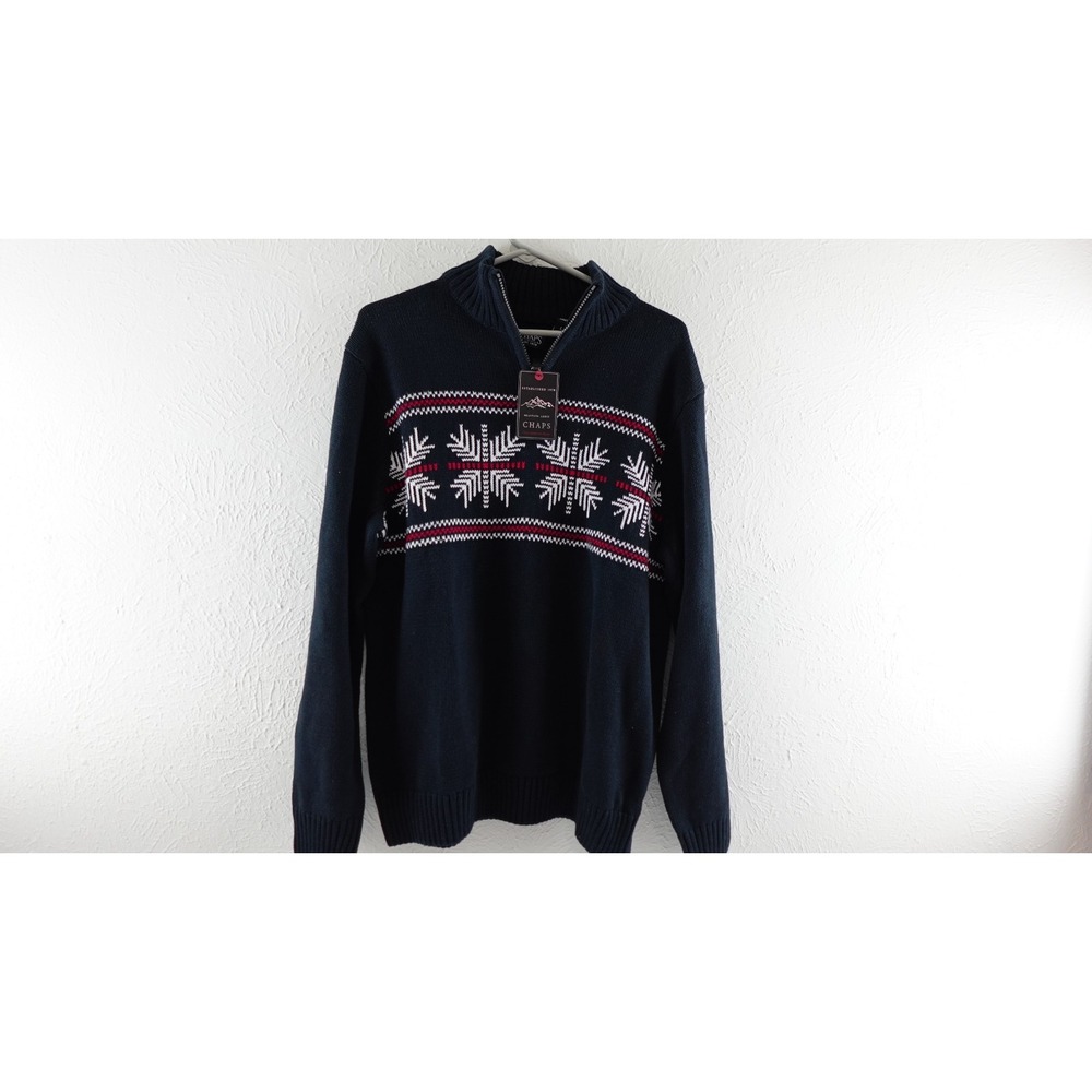 Chaps Men's Sz L Black Mock Neck 1/4 Zip Snowflake Holiday Cotton Knit Sweater